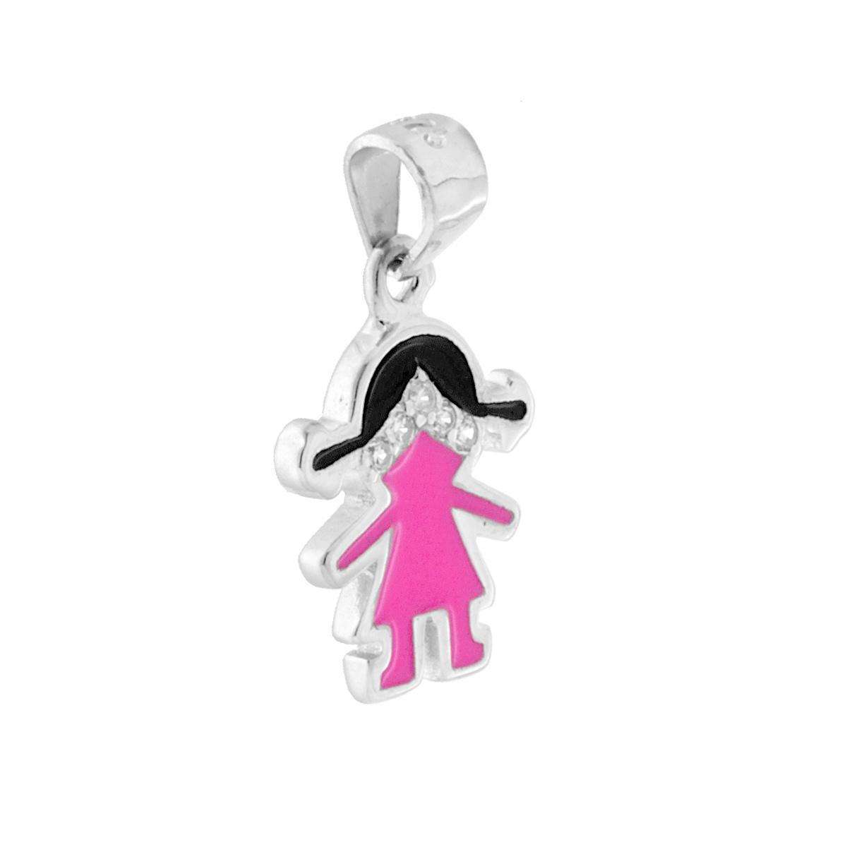 Ciondolo Bimba Mini con Smalto Rosa e Zirconi Bianchi in ARGENTO 925 Galvanica Rodio