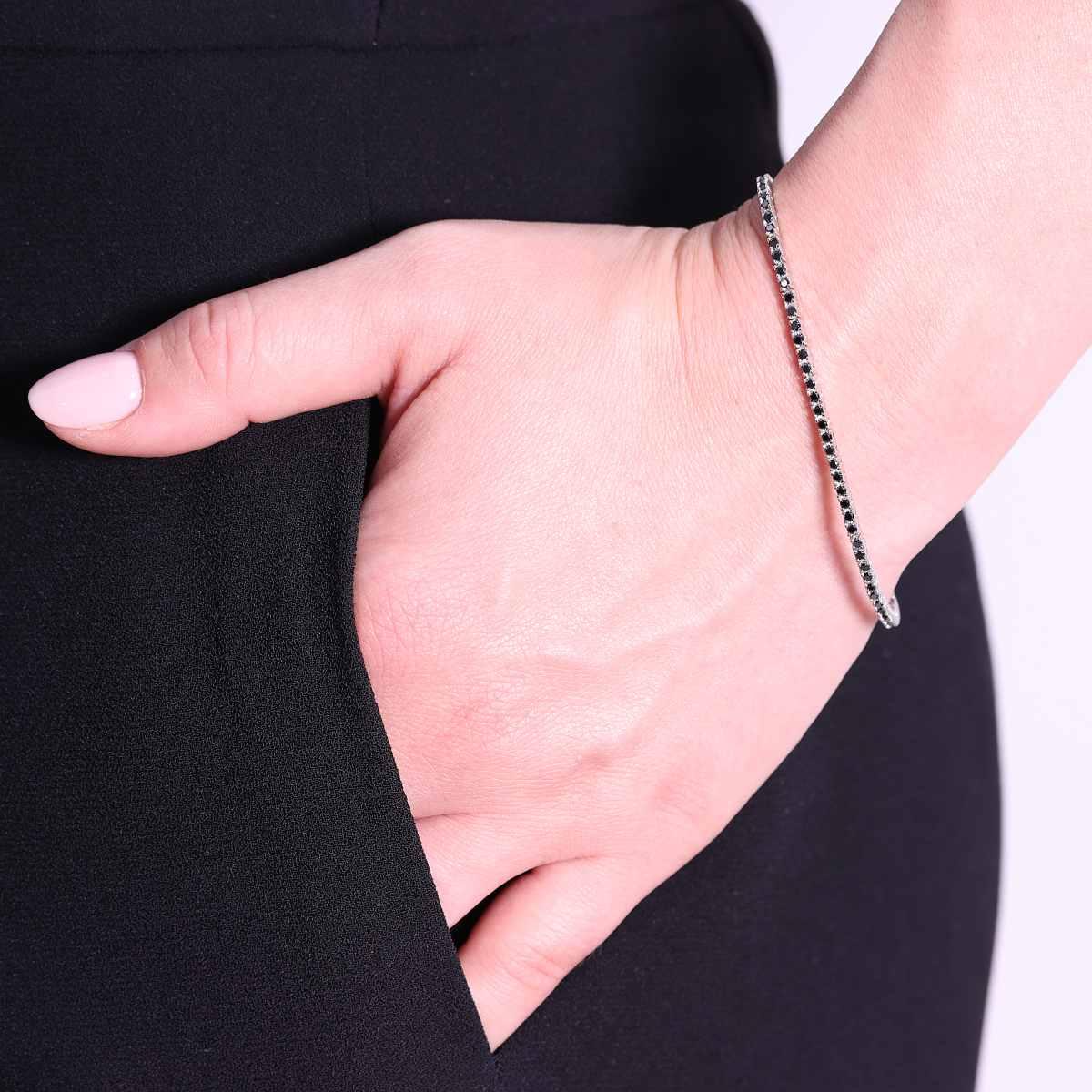 Bracciale Tennis Griffe cm 18 con Zirconi mm 1.5 Neri in ARGENTO 925 Galvanica Rodio