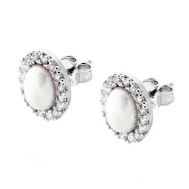 Orecchini Ovali con Perla e Zirconi Bianchi in ARGENTO 925 Galvanica Rodio