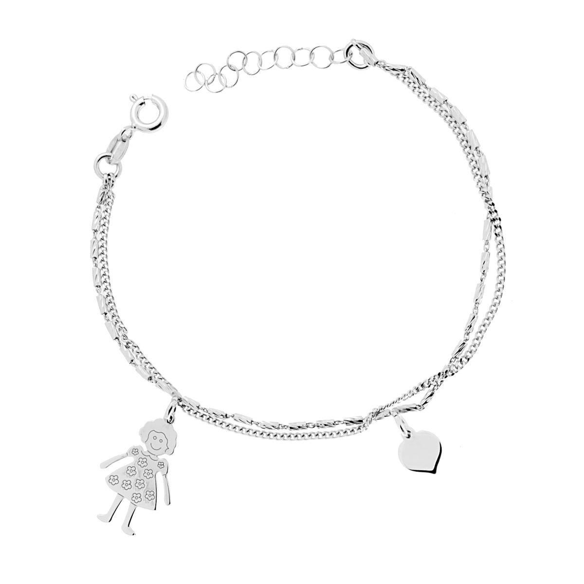 Bracciale due fili Catena Grumetta e Cilindretti Diamantati con Cuore e Bimba plain in ARGENTO 925 Galvanica Rodio