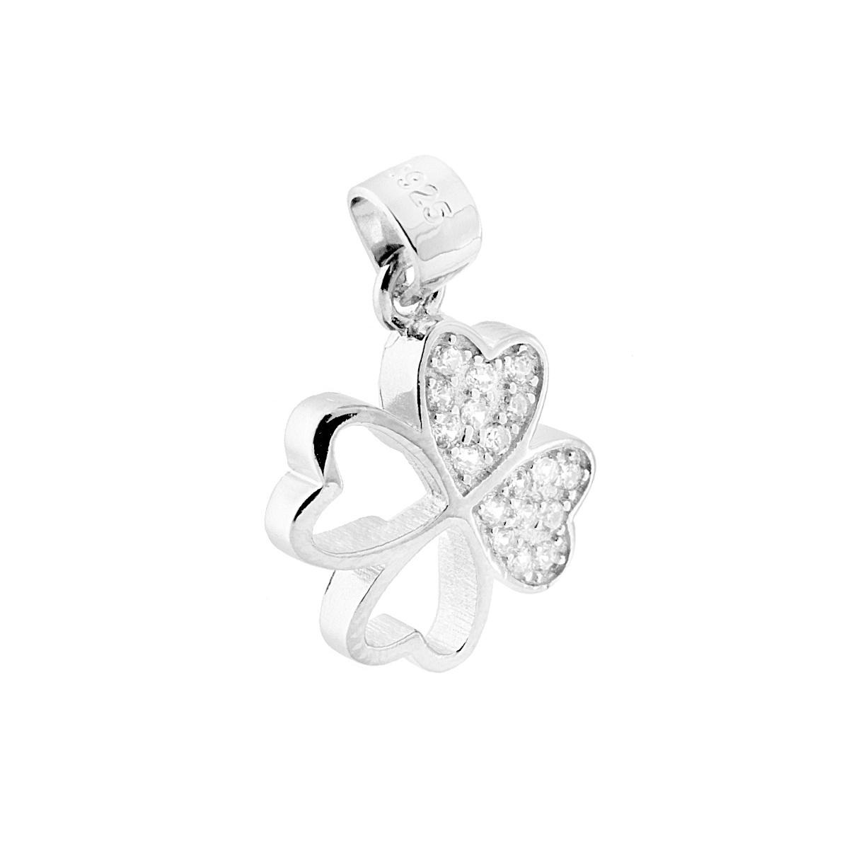 Ciondolo Quadrifoglio Cuore con Zirconi Bianchi in ARGENTO 925 Galvanica Rodio