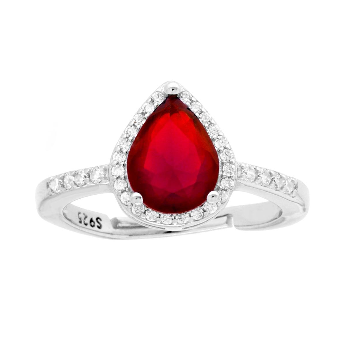 Anello Halo Solitario con Zircone a Goccia Rosso Rubino contornato con Zirconi Bianchi in ARGENTO 925 Galvanica Rodio