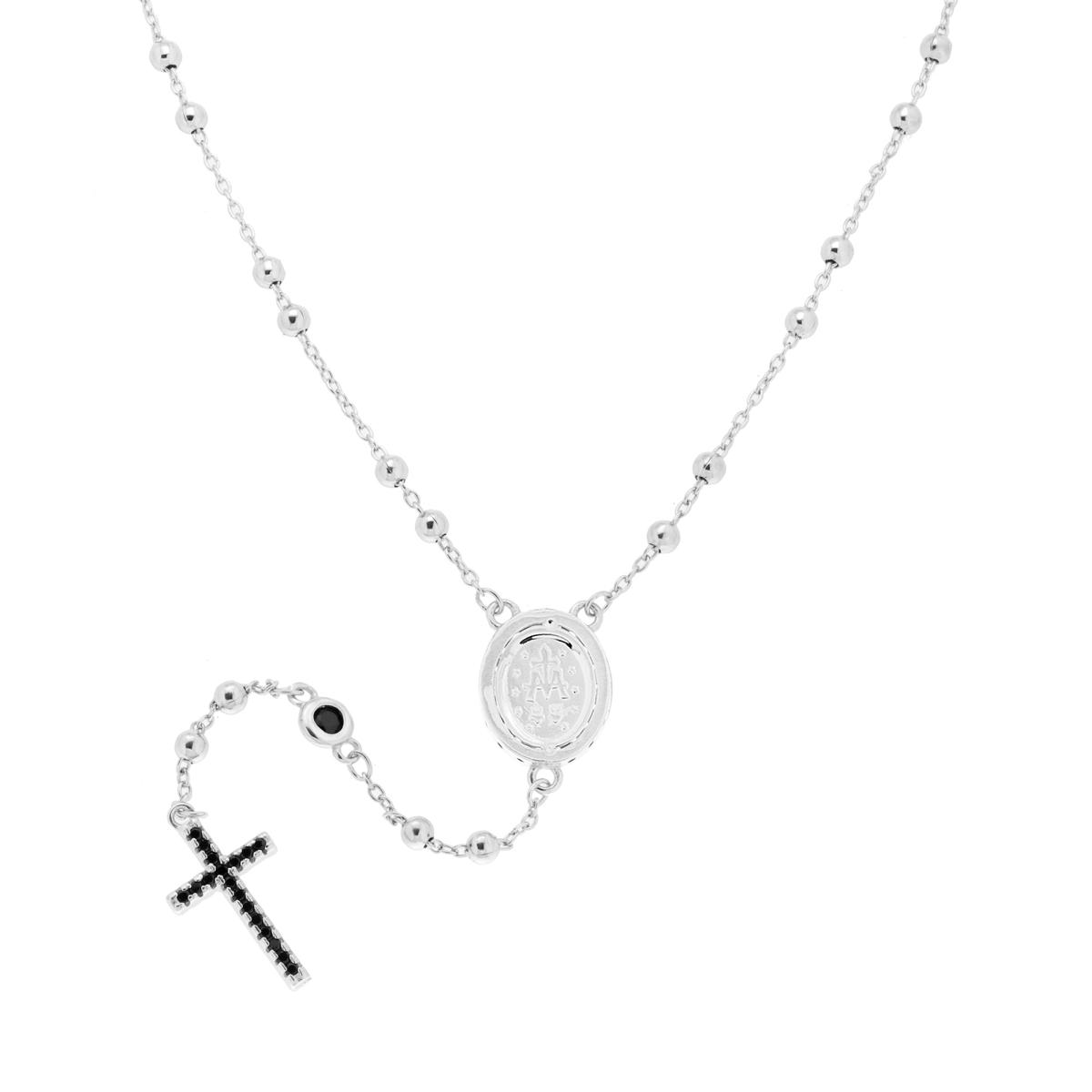 Collana Rosario cm 52+4 con Grani a pallina liscia mm 2.6 e Zirconi Neri in ARGENTO 925 Galvanica Rodio