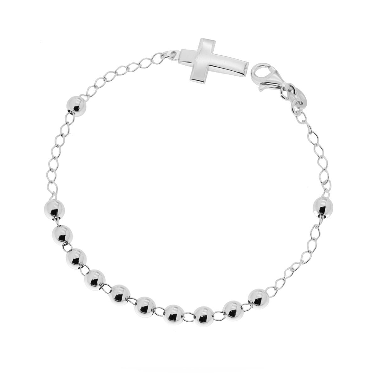 Bracciale Rosario cm 19.5 con Grani mm 5 e Croce pendente in ARGENTO 925 Galvanica Rodio