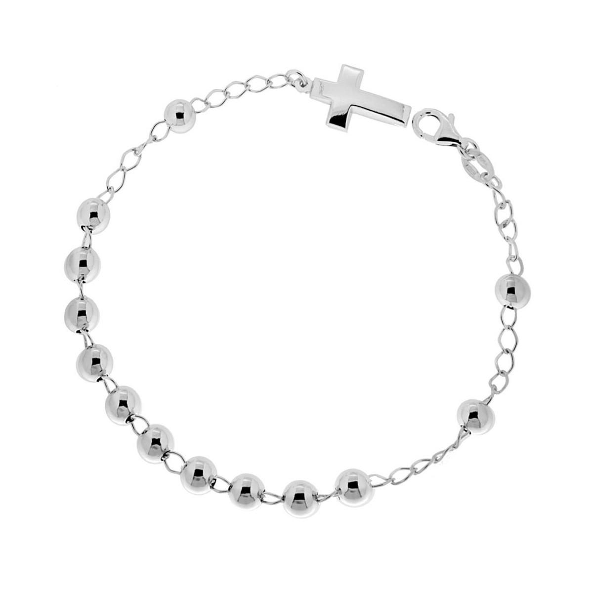 Bracciale Rosario cm 19,5 con Grani superleggeri mm 6 e Croce pendente in ARGENTO 925 Galvanica Rodio
