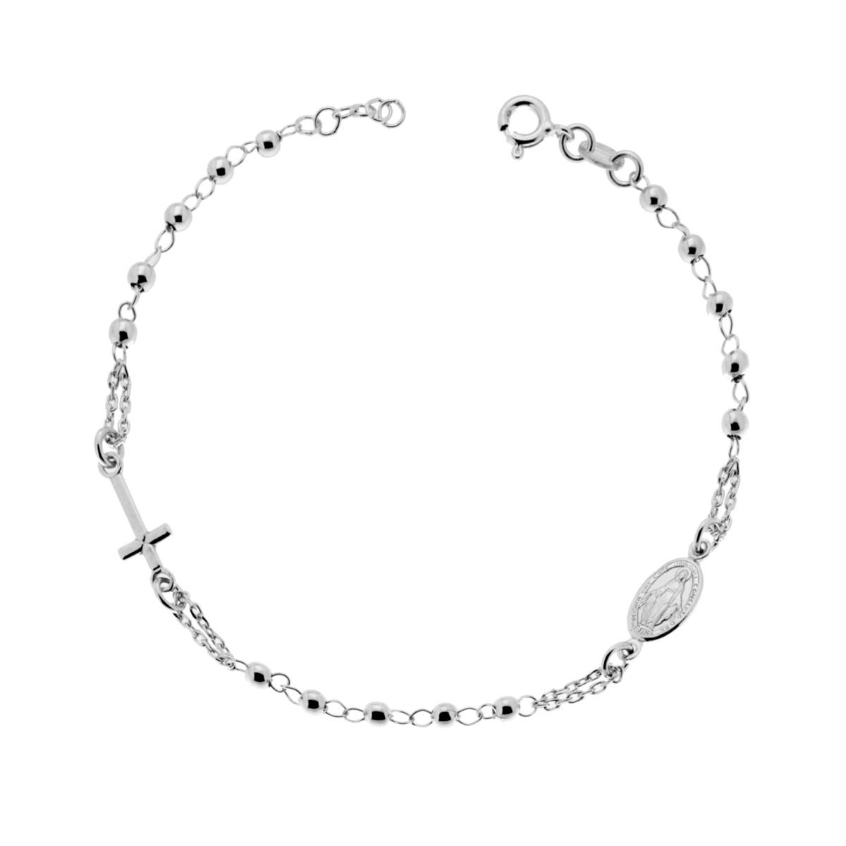 Bracciale Rosario cm 18+2 con Grani mm 3 con Croce e Medaglia Madonna in ARGENTO 925 Galvanica Rodio