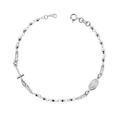 Bracciale Rosario cm 18+2 con Grani mm 3 con Croce e Medaglia Madonna in ARGENTO 925 Galvanica Rodio