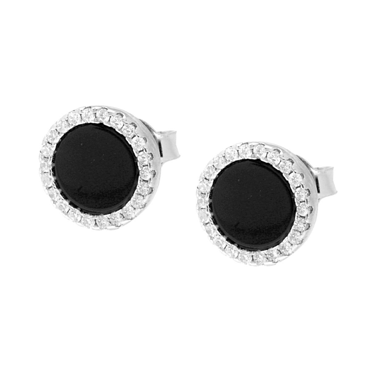 Orecchini Tondi Onice Nero 10 mm contornato con Zirconi Bianchi in ARGENTO 925 Galvanica Rodio