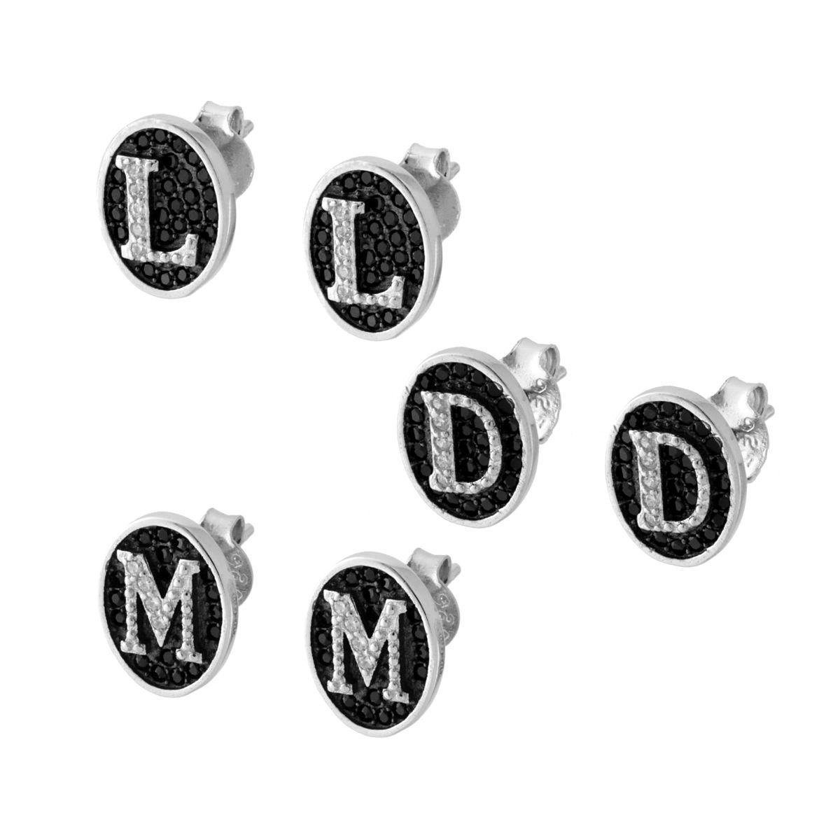 Orecchini con Lettera Iniziale e Zirconi Bianchi e Neri in ARGENTO 925 Galvanica Rodio
