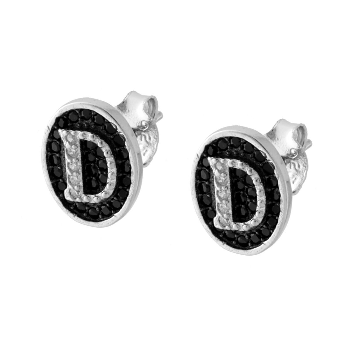 Orecchini con Lettera Iniziale e Zirconi Bianchi e Neri in ARGENTO 925 Galvanica Rodio