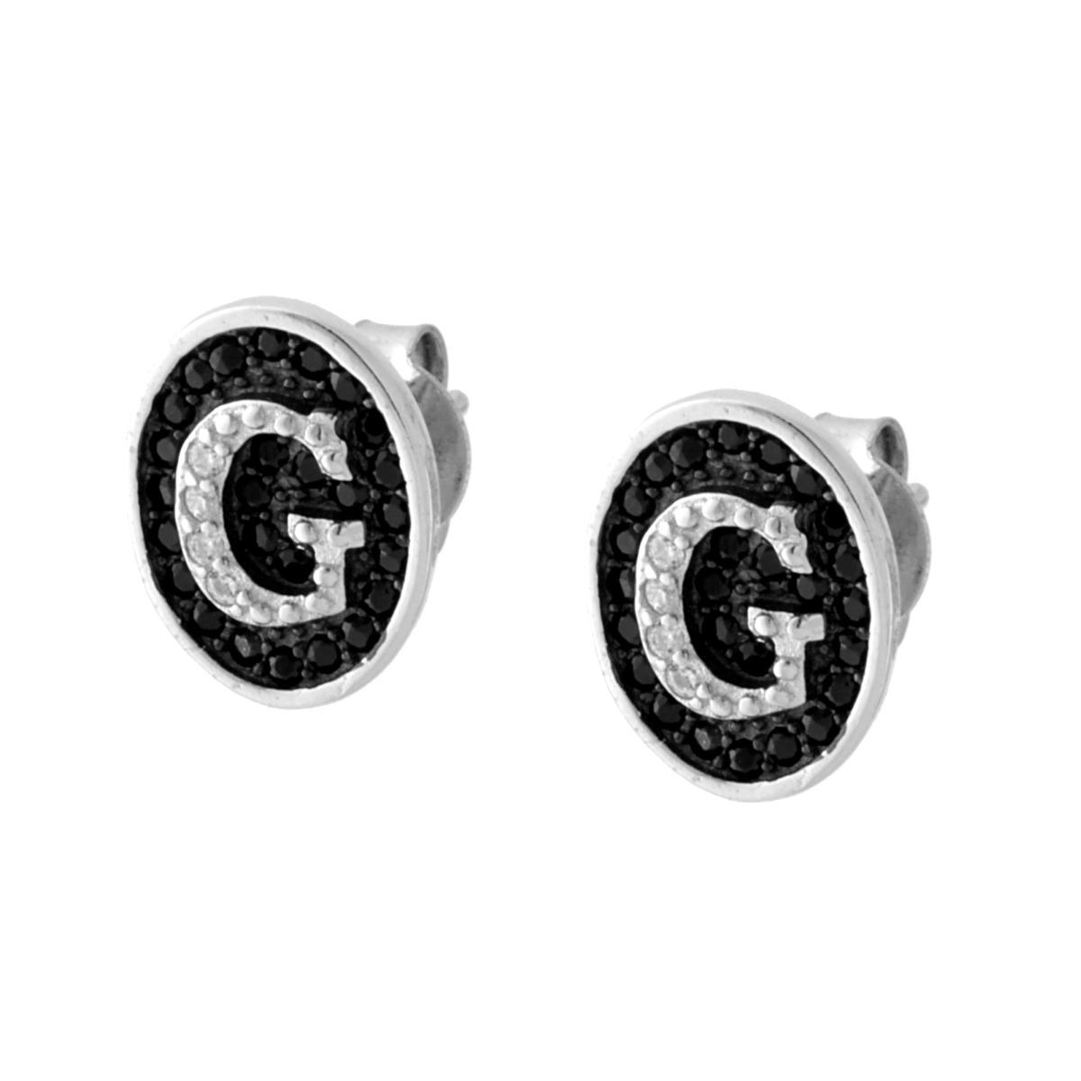 Orecchini con Lettera Iniziale e Zirconi Bianchi e Neri in ARGENTO 925 Galvanica Rodio