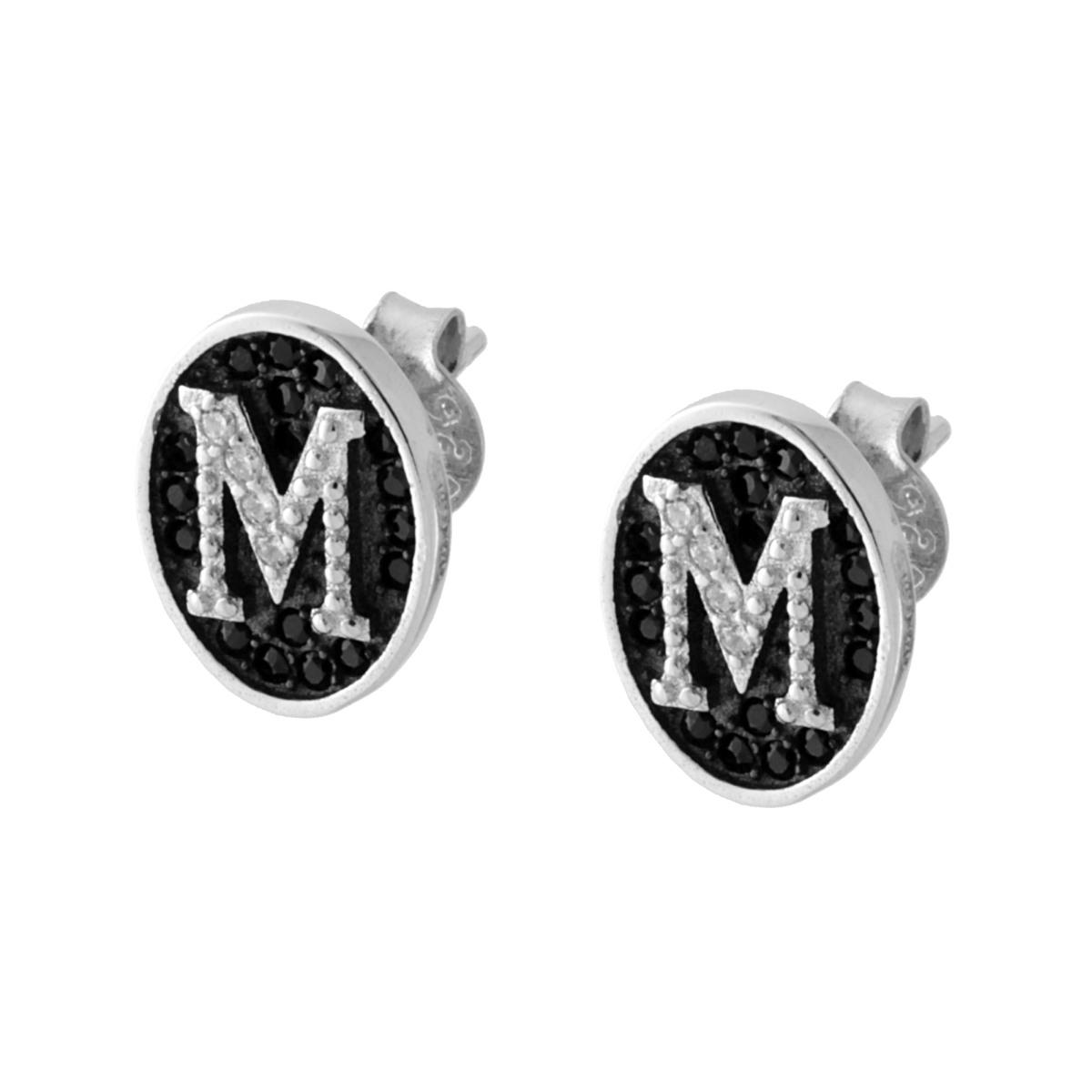 Orecchini con Lettera Iniziale e Zirconi Bianchi e Neri in ARGENTO 925 Galvanica Rodio