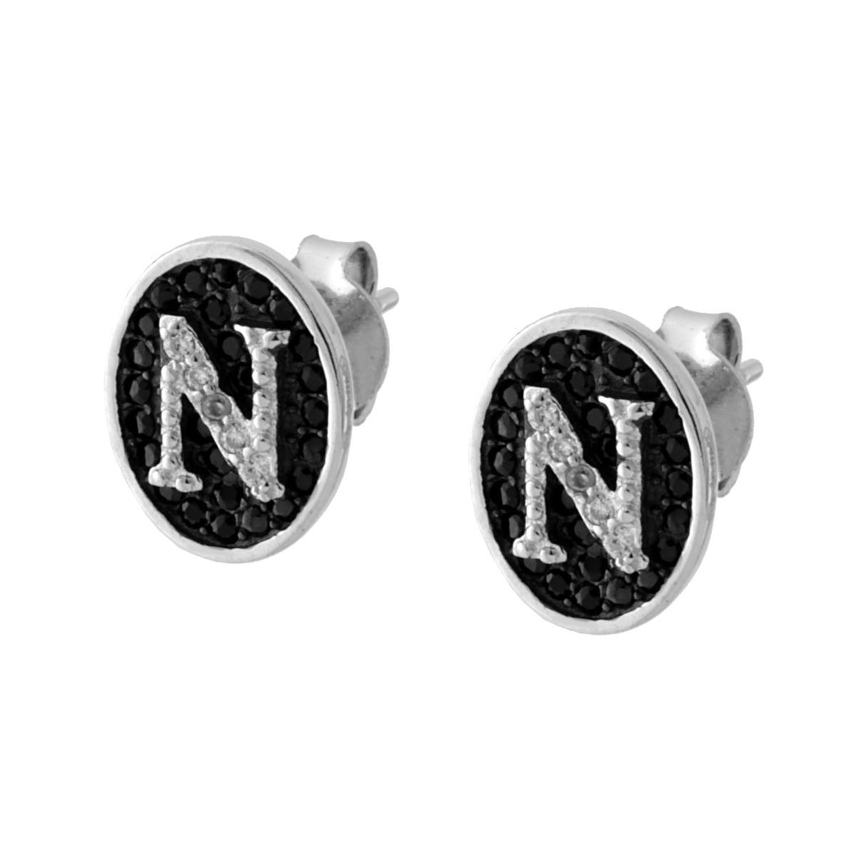 Orecchini con Lettera Iniziale e Zirconi Bianchi e Neri in ARGENTO 925 Galvanica Rodio