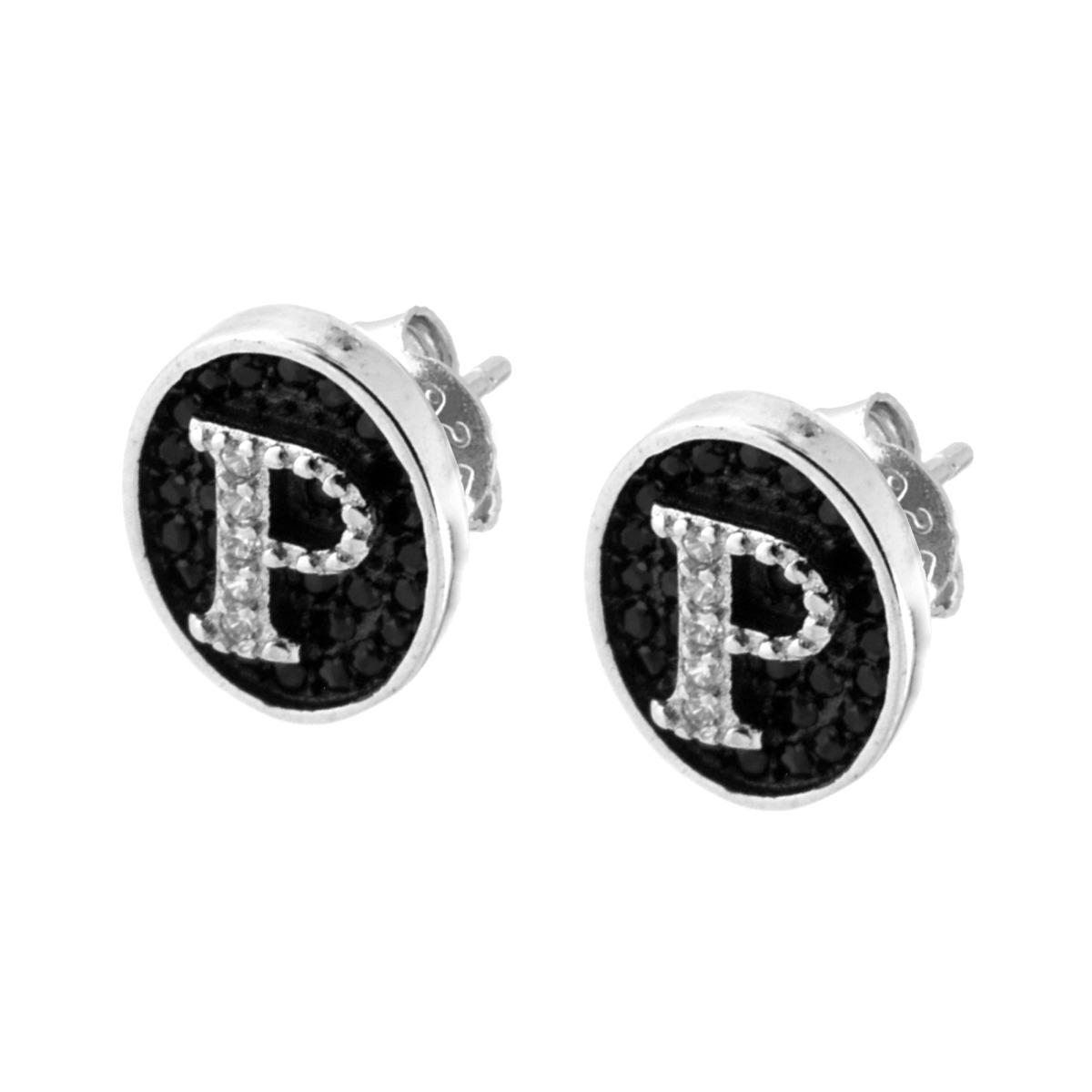 Orecchini con Lettera Iniziale e Zirconi Bianchi e Neri in ARGENTO 925 Galvanica Rodio