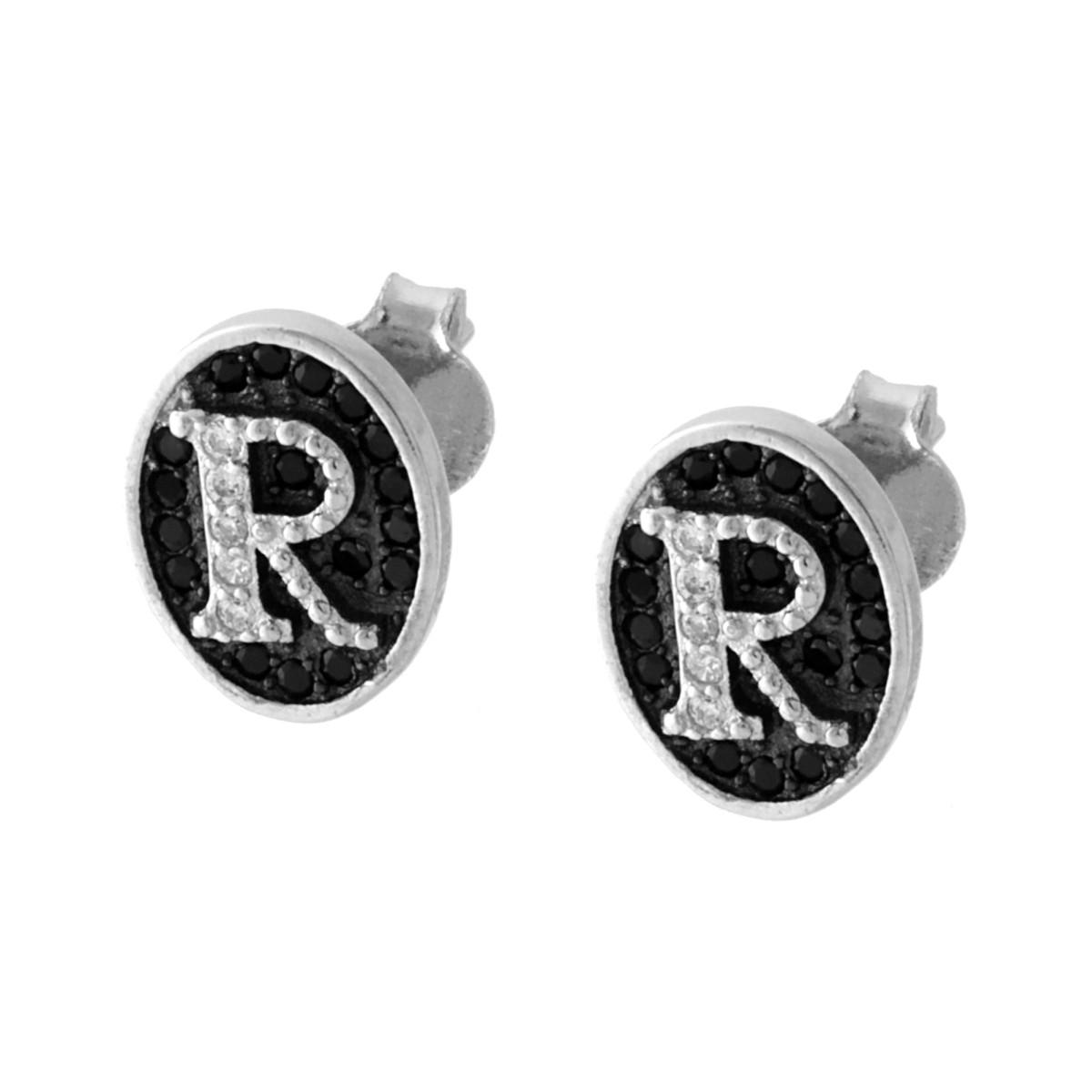 Orecchini con Lettera Iniziale e Zirconi Bianchi e Neri in ARGENTO 925 Galvanica Rodio