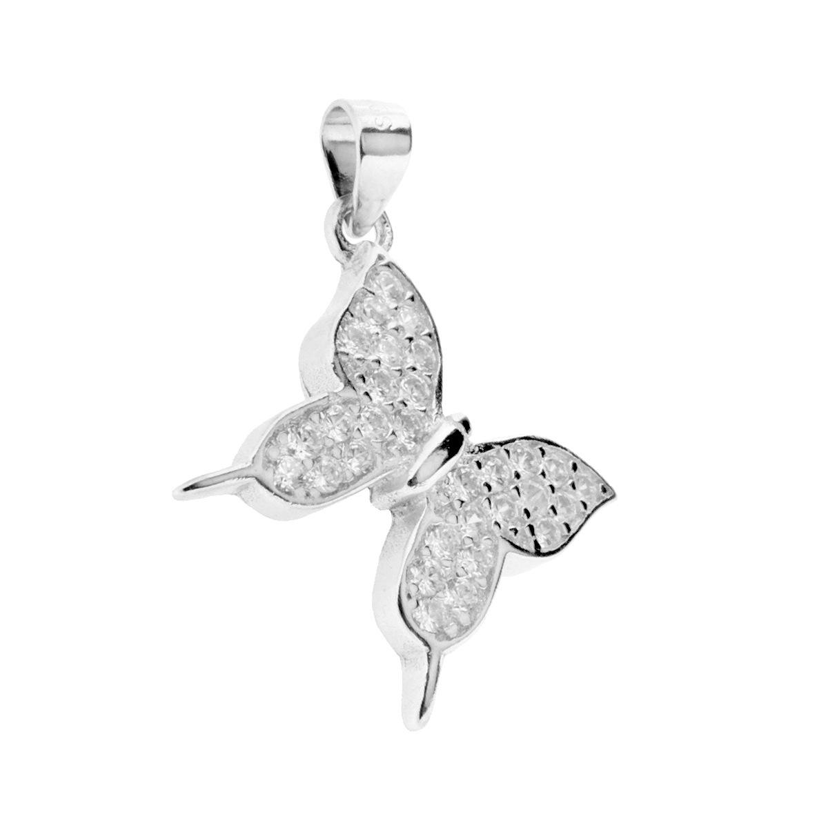 Ciondolo a forma di Farfalla con Zirconi Bianchi in ARGENTO 925 Galvanica Rodio